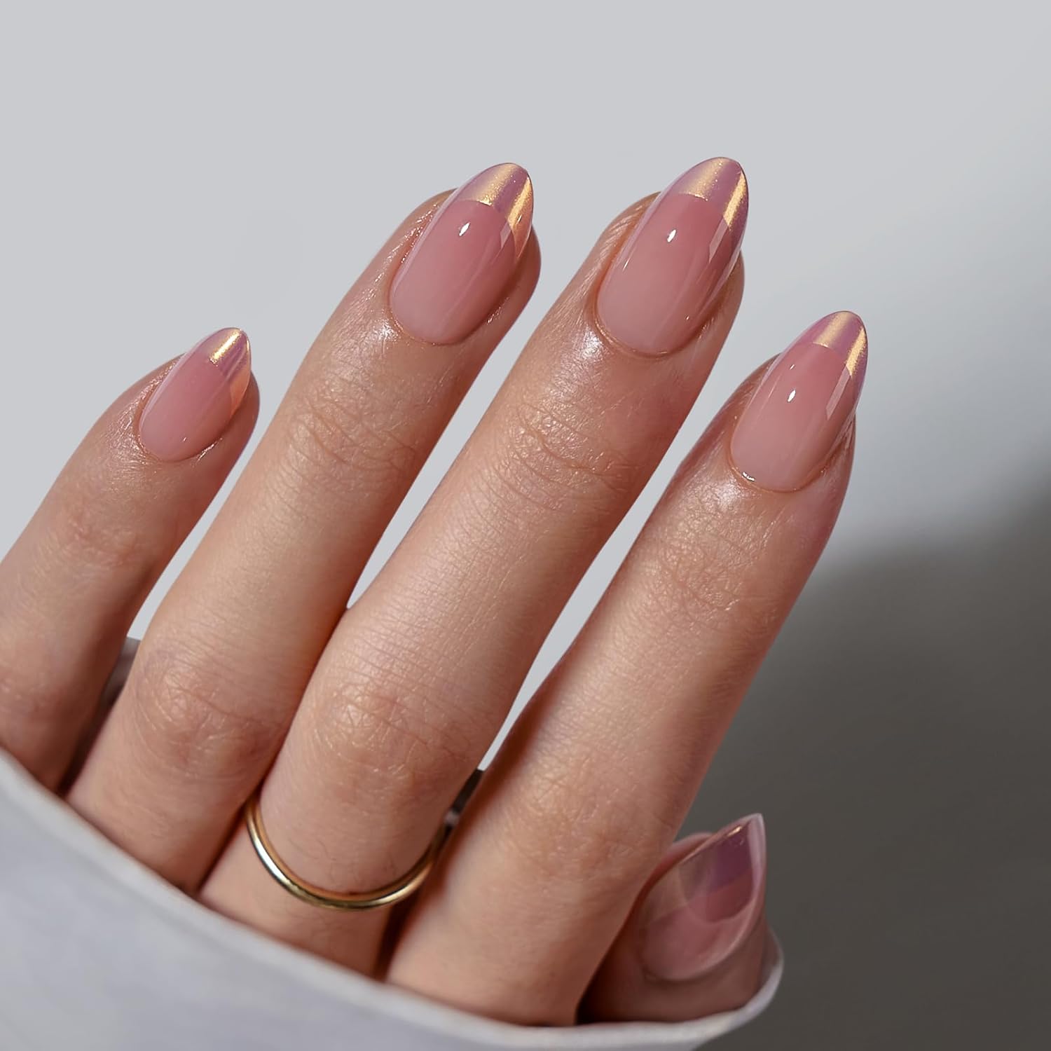 Chrome French Tip Almond Press på negle med lim til kvinder